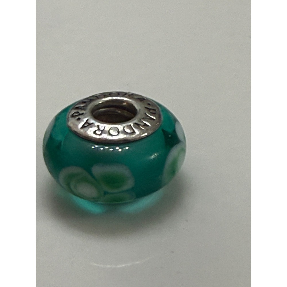 Retired Pandora "Flowers for You" Teal Murano Glass Charm Model 790649